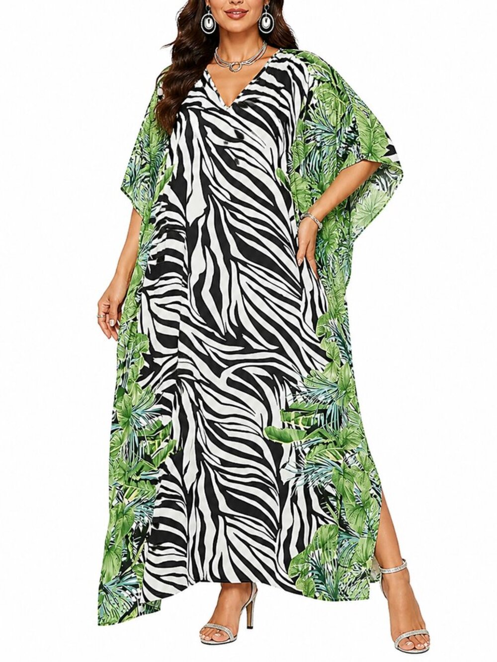 Zebra Printed Caftan Dress Plus Size Polyester Loungewear Maxi Dresses for Women